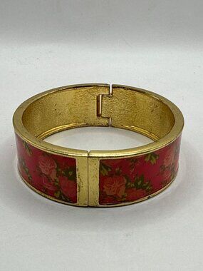Vintage Gold Floral Hinged Bangle Bracelet Coquette Cottagecore Red